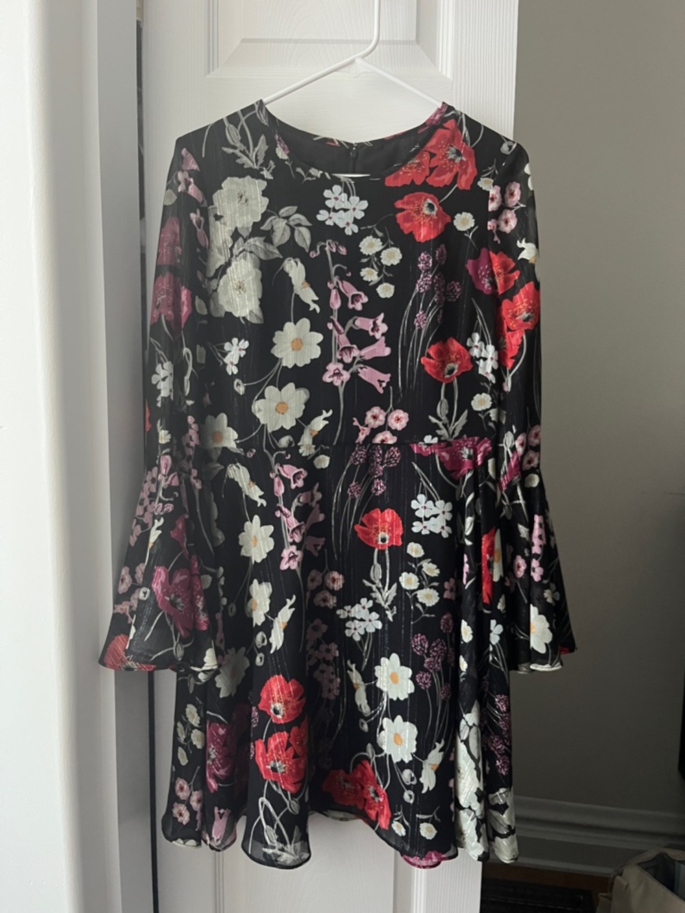Donna Morgan Black Floral Midi Dress with Red & White Blooms